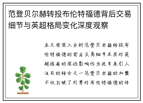 范登贝尔赫转投布伦特福德背后交易细节与英超格局变化深度观察