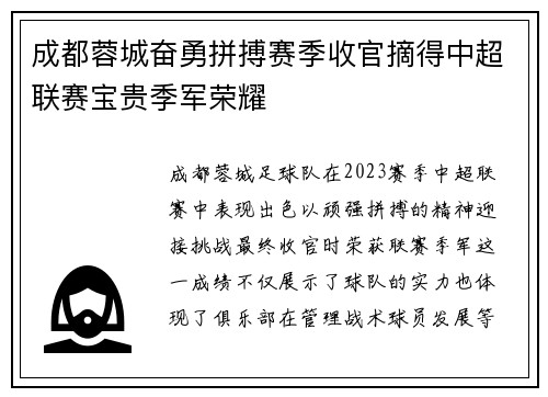 成都蓉城奋勇拼搏赛季收官摘得中超联赛宝贵季军荣耀